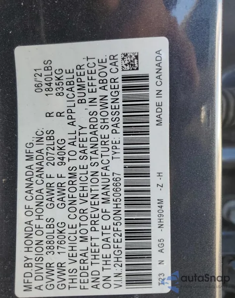 2022 Honda Civic Sport из США, поврежденный, VIN 2HGFE2F50NH506667